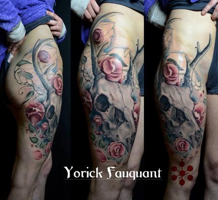Yorick Fauquant - Deer Skull & Flowers, roses, art nouveau, neotraditional, color leg thigh tattoo